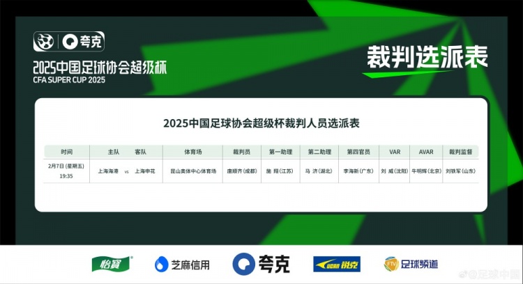  超級杯海港vs申花裁判員名單：主裁判唐順齊，VAR劉威