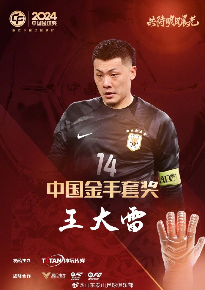  王大雷榮獲中國金手套獎，謝文能入選中國金球獎候選人前三名