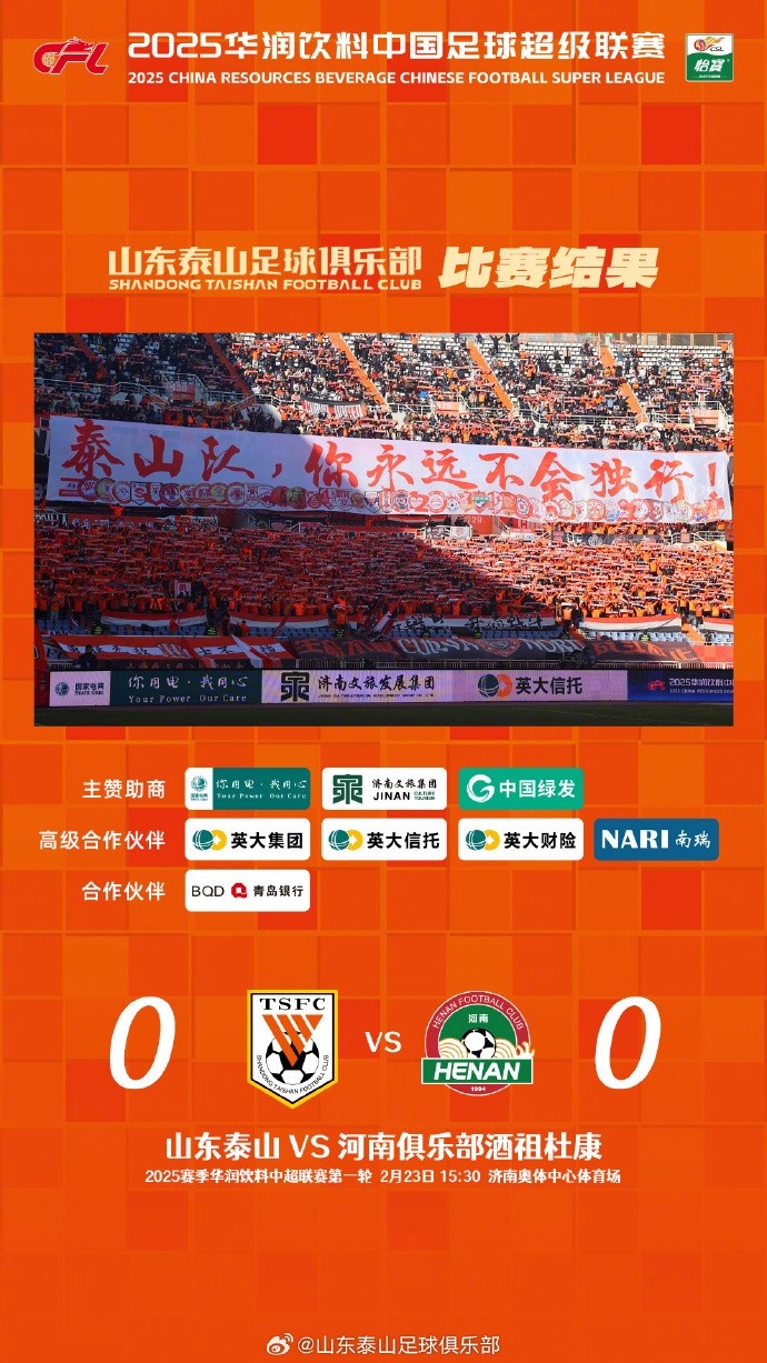  中超首戰，泰山隊雖未取勝，但全隊展現出了頑強的拼搏精神